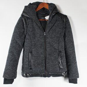 Lamarque Women's Size XS Black Gray Puffer Jacket Hooded Wool Leather Coat NWT